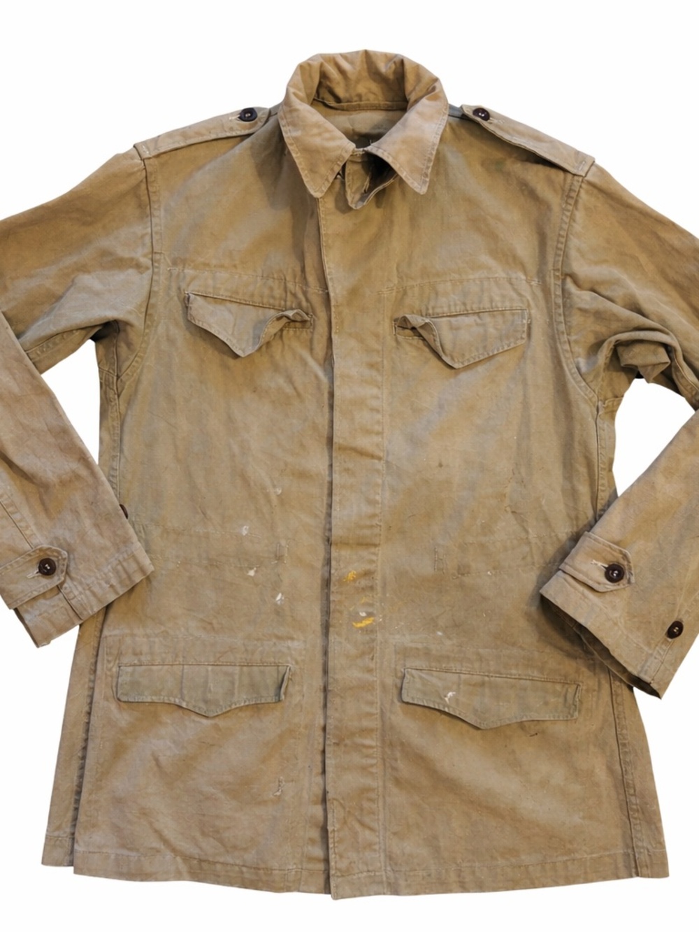 Vintage Khaki Military Field Jacket 4 Pocket WWII Style Paint Worn